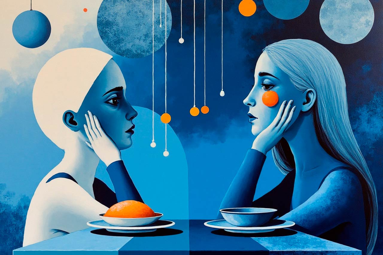 Ilustración abstracta del trastorno por atracón, con figuras humanas fragmentadas y elementos simbólicos de comida en estilo artístico inspirado en Paul Klee.